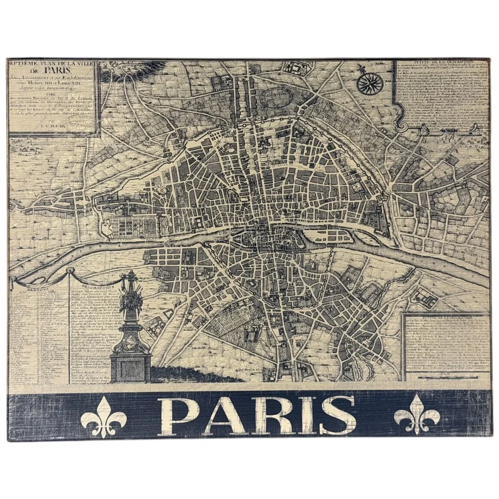 Vintage Paris Map Wall Art‎ Decorative Tray Wood 14 x 11